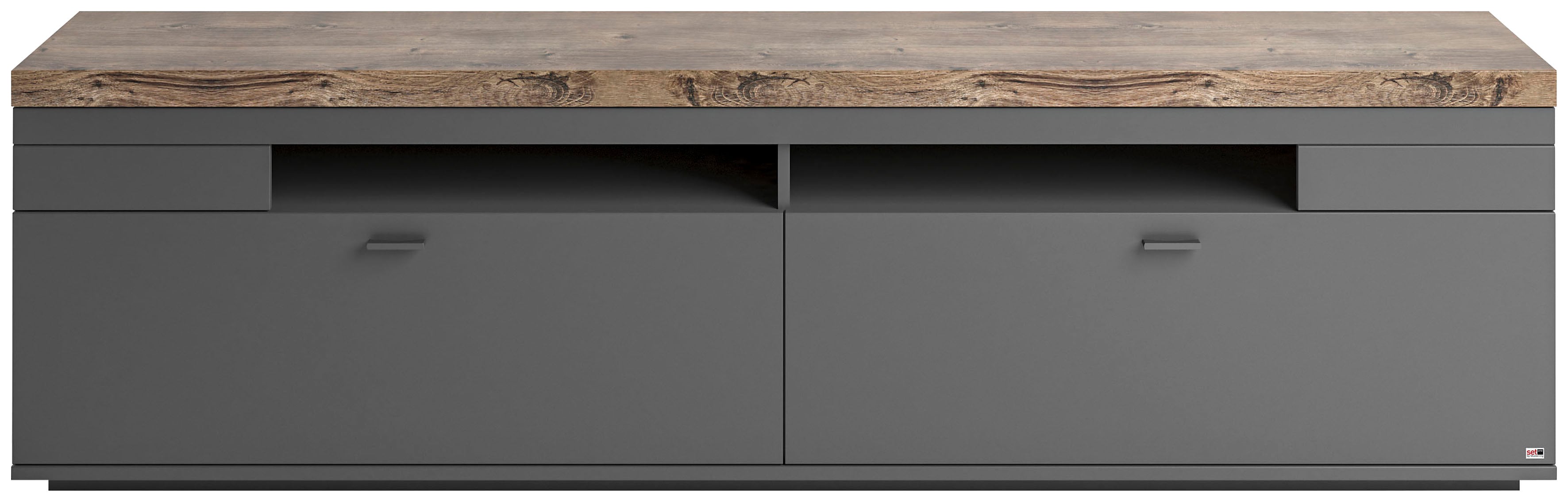 Lowboard "Lancaster", grau (grau mit eiche ribbeck cognac), B:210cm H:60cm T:43,8cm, SET ONE BY MUSTERRING, Sideboards, In 2 Breiten erhältlich, Rahmen in Eicheabsetzung, mit Schubkästen