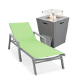 LeisureMod Marlin Modern Gray Aluminum Outdoor Patio Chaise Lounge Chair With Arms with Square Fire Pit Side Table Perfect for Patio Lawn and Garden (Green)