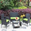 4 PCS Rattan Patio Furniture Set Outdoor Patio Cushioned Seat Wicker Sofa Green Cushion