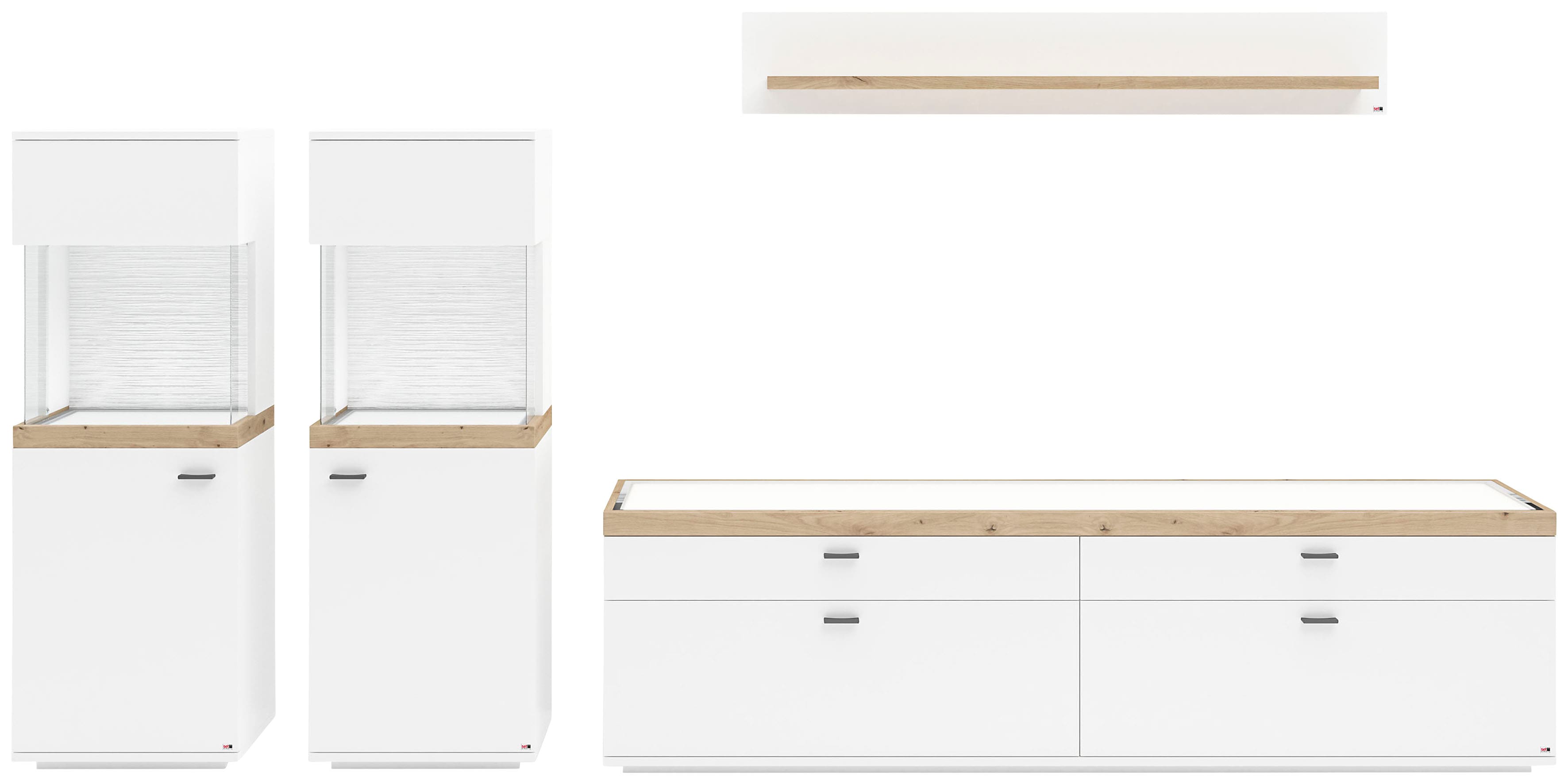 Wohnwand "Lancaster", weiß (weiß mit eiche artisan), B:330,2cm H:170cm T:43,6cm, SET ONE BY MUSTERRING, Kastenmöbel-Sets, 4-teilig mit Fronten in weiß oder grau, Breite ca.330cm