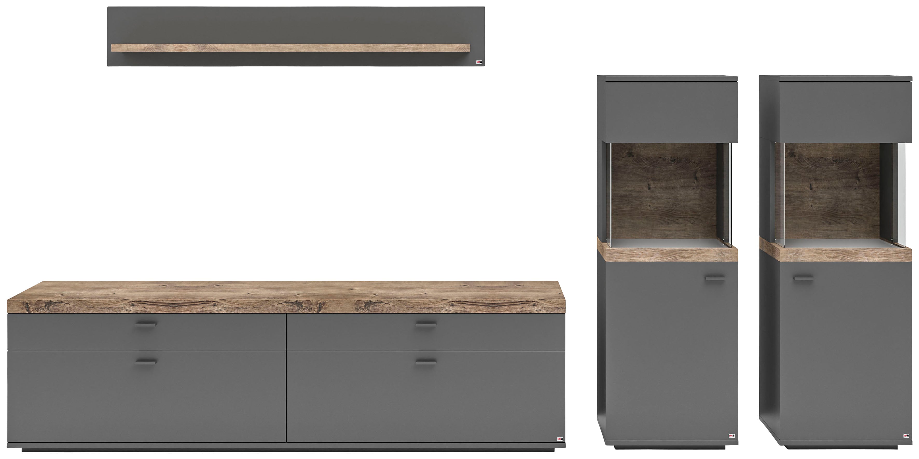 Wohnwand "Lancaster", grau (grau mit eiche ribbeck cognac), B:330,2cm H:170cm T:43,6cm, SET ONE BY MUSTERRING, Kastenmöbel-Sets, 4-teilig mit Fronten in weiß oder grau, Breite ca.330cm