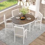 5 piece furniture set, round to oval expandable butterfly leaf dining table and 4 upholstered chairs with armrests, 5 pieces