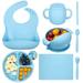DSstyles Baby Led Weaning Supplies 7 Pcs Silicone Toddler Feeding Utensils - Adjustable Bibs Suction Divided Plate Placemat Spoon Fork Suction Bowls Straw Sippy Cup - Aids Self Feeding Kit
