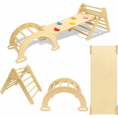 3-in-1 Klettergerüst Indoor Naturholz Klappbar Kletterdreieck mit Rutsche und Kletterbogen für ab 1