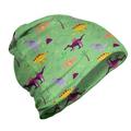 Dino Unisex Beanie Sketch and Cartoon Dinosaur Hiking Outdoors Sea Green Multicolor by Ambesonne