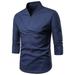 iOPQO mens dress shirts Men s Retro casual fashion solid color linen slim middle sleeve T-shirt dress shirts for men Navy + M