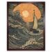 Boat Sailing into the Sunset Linocut Illustration Art Print Framed Poster Wall Decor 12x16 inch