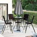 Outdoor Patio PE Wicker 5-Piece Counter Height Dining Table Set with Umbrella Hole and 4 Foldable Chairs Brown