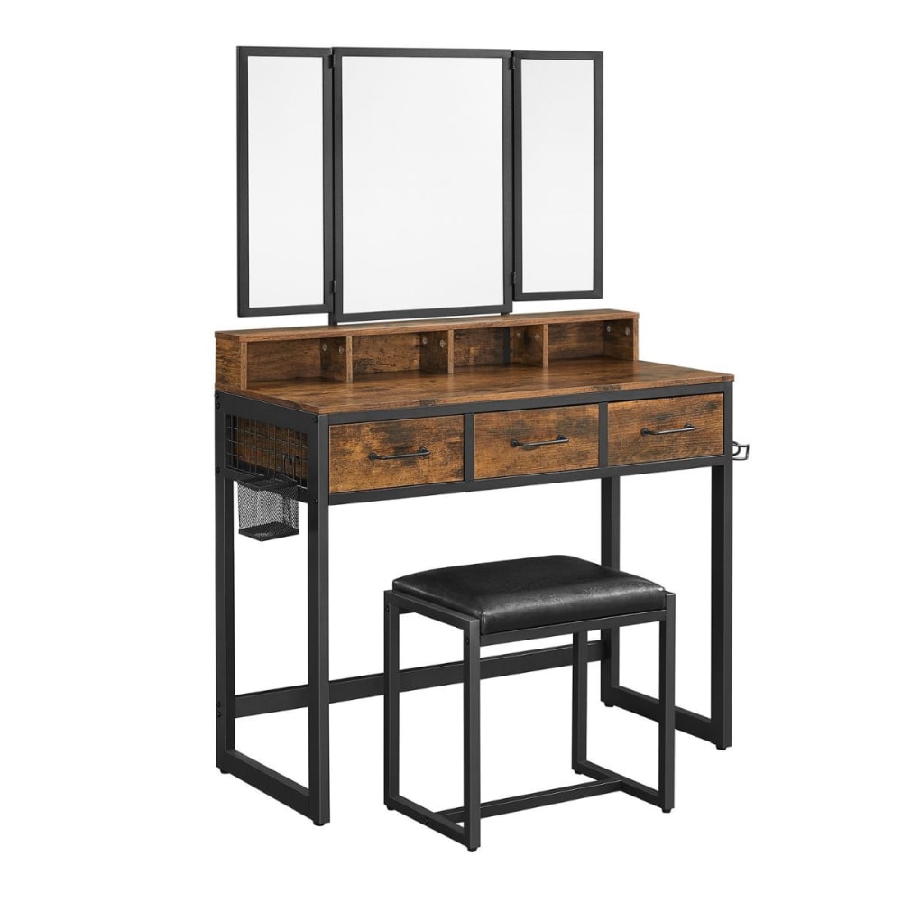 Console à maquillage avec miroir et tabouret effet bois L90 x H141 cm