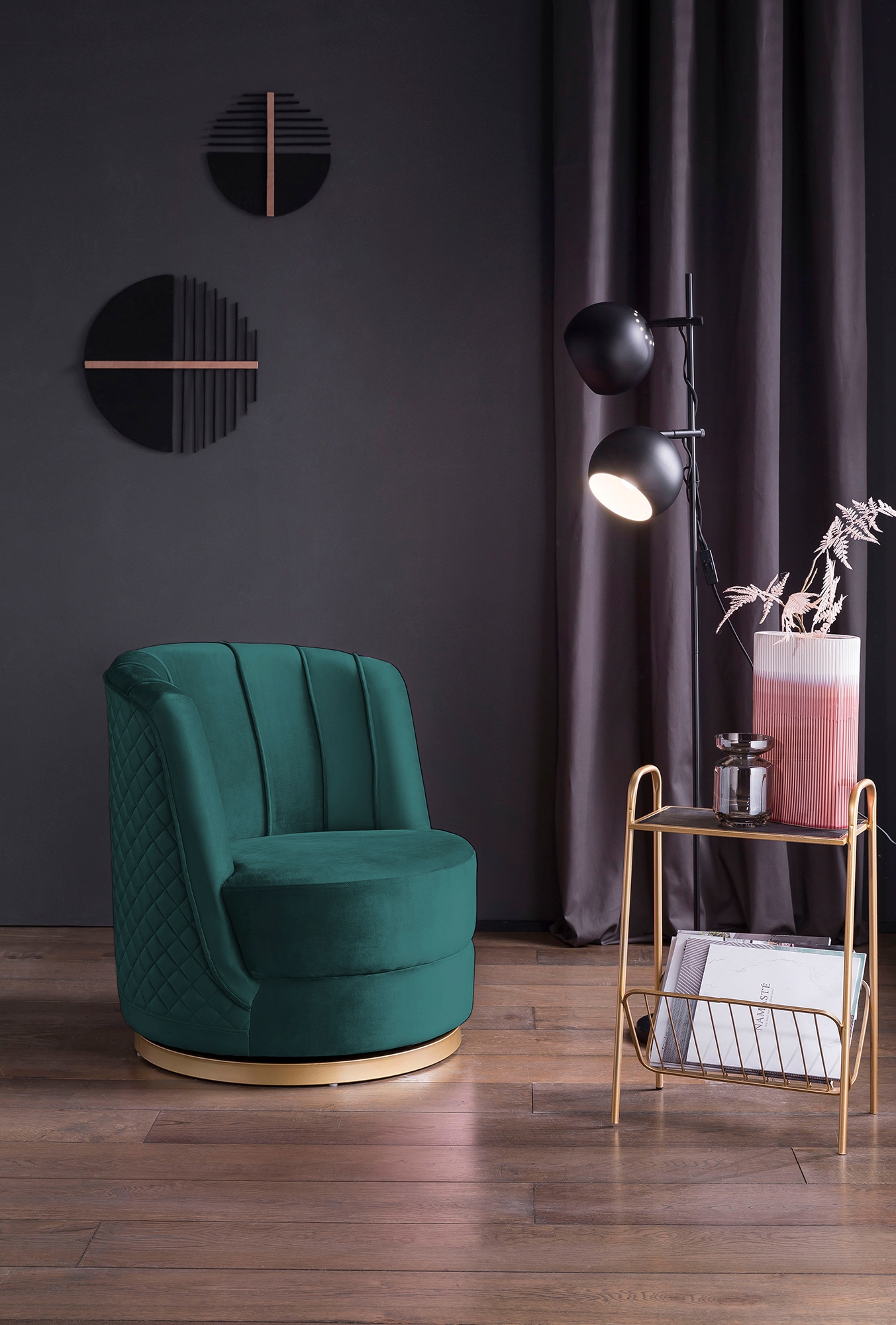 Drehsessel SALESFEVER "Komfortabler Drehsessel mit Stil", grün, B:68cm H:77cm T:57cm, Samt (100% Polyester), Metall, Sessel, 360 Drehfunktion