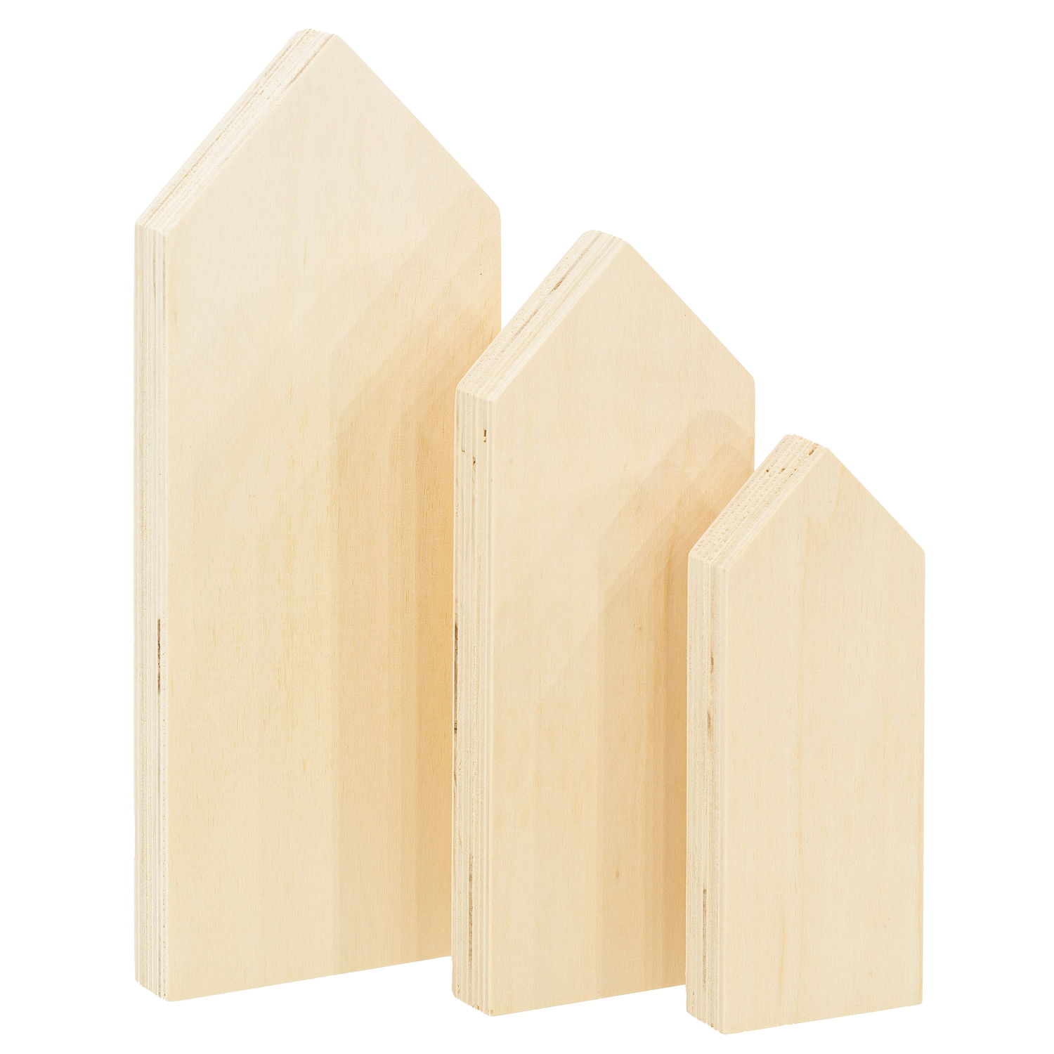 Maisons en bois brut, 25 x 10 cm, 20 x 8 cm et 15 x 6 cm, 3 pièces