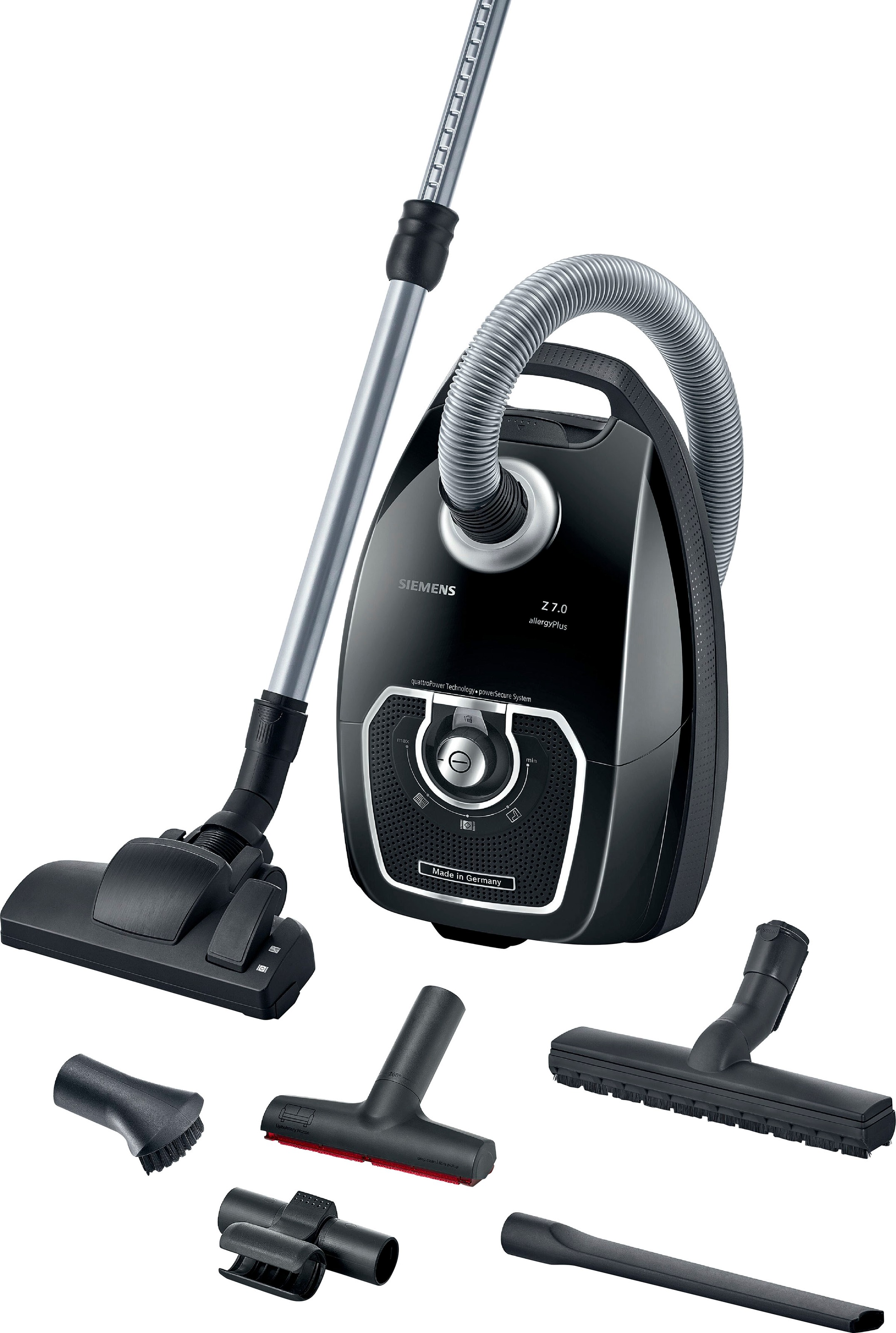 SIEMENS Bodenstaubsauger "Z7.0 VSZ7X500, ideal für Allergiker, Hygiene-Filter, extrem leise", schwarz, B:32cm H:27,5cm T:48cm, Bodenstaubsauger, Bodendüse für Parkett, Teppich, Fliesen, 15m Aktionsradius, schwarz Image