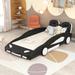 Twin Size Wood Race Car-Shaped Plattform Bed with Seat Wingback & Wheels, Floor Bed for Boys Girls, No Box Spring Needed, Black