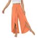 Reduce Price Hfyihgf Chiffon Wide Leg Dress Pants for Women Flowy Palazzo Pants Casual Split High Waisted Summer Beach Cropped Trousers with Pocket(Orange L)