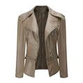 Lovskoo 2024 Women Faux Leather Jacket Moto Biker Coat Cool Long Sleeve Zipper Fitted Fall Short Jacket Asymmetrical Motorcycle Jacket Standard Outerwear Short Coat Khaki