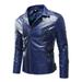 Penkiiy Men s Autumn Winter Long-sleeved Leather Motorcycle Jacket Zipper Coat Long Sleeve Hoodless Faux Leather Outwear & Jackets Denim Jacket PU Blue on Clearance