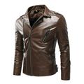 Penkiiy Men s Autumn Winter Long-sleeved Leather Motorcycle Jacket Zipper Coat Long Sleeve Hoodless Faux Leather Outwear & Jackets Sports Coats PU Brown on Sale