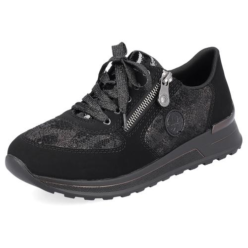 Sneaker RIEKER Gr. 40, schwarz (schwarz, kombiniert) Damen Schuhe in Metallic-Optik, Freizeitschuh, Halbschuh, Schnürschuh