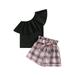CenturyX Kids Baby Girls One Shoulder Outfits Set Summer Tops T Shirts and Ruffle Plaid Shorts Little Girl 2Pcs Clothes Suit