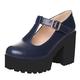 KISSASA Womens Mary Jane Platform Shoes T Bar Pumps Chunky Heel Court Shoes Size 4.5UK,Navy Blue