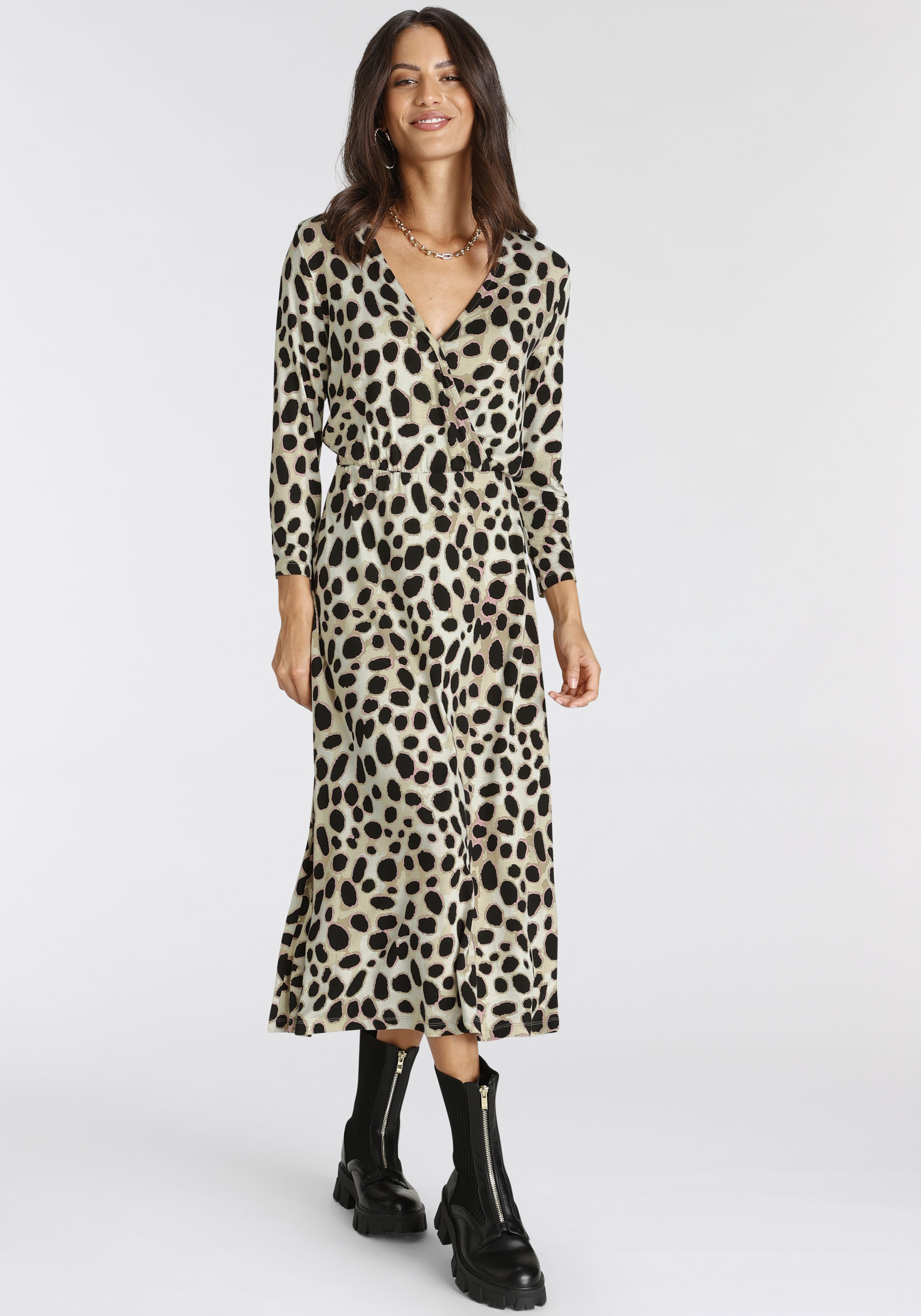 Midikleid LAURA SCOTT, Damen, Gr. 38, N-Gr, schwarz (schwarz, rosa), Single Jersey, Obermaterial: 95% Viskose, 5% Elasthan, animal-print, gemustert, ca. Mitte Wade, V-Ausschnitt, Kleider Midikleid, für schicke Anlässe, wadenlang, feminin, aus...