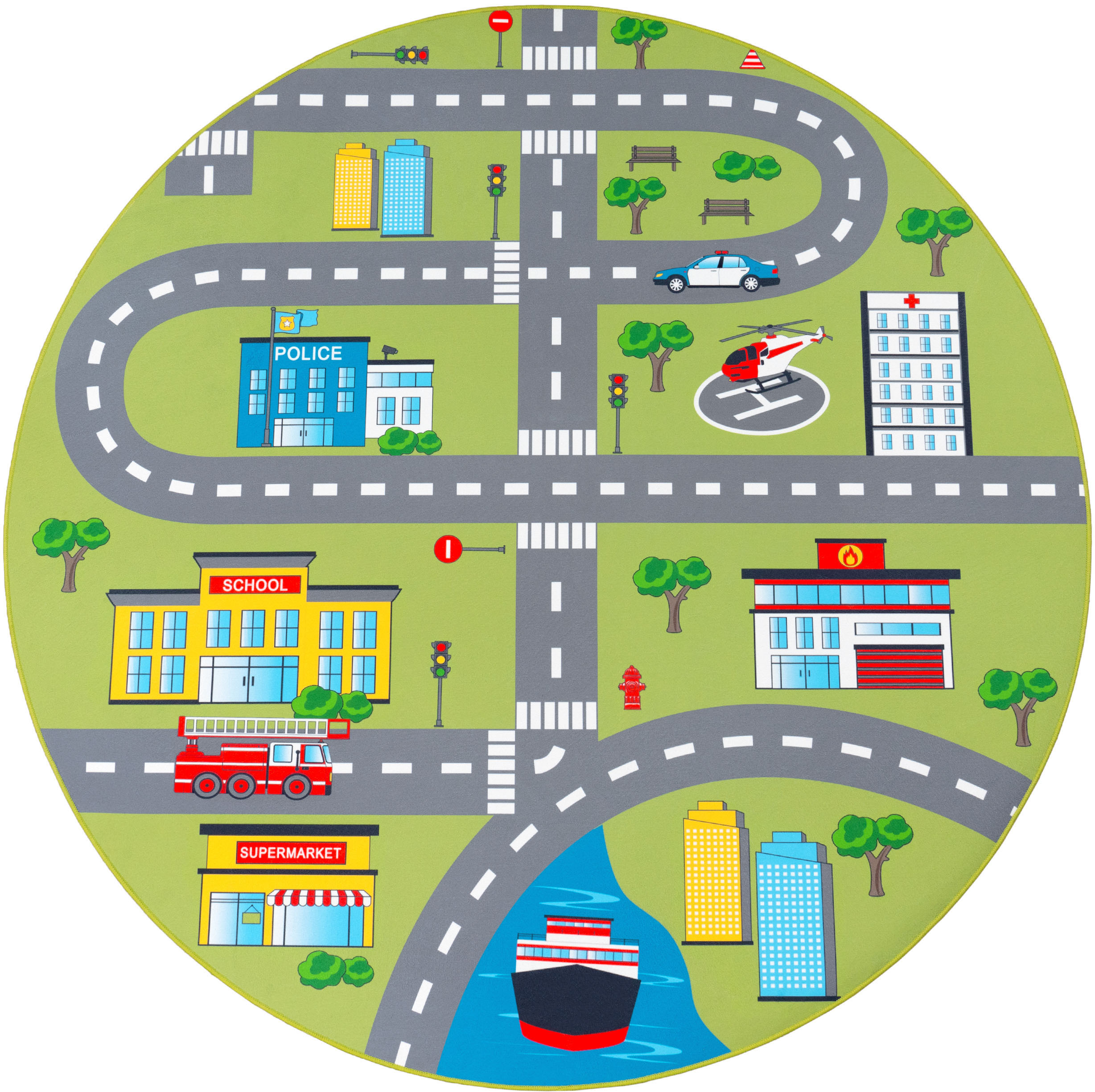 Kinderteppich PACO HOME "Bino 570", grün, H:4mm Ø:200cm, Polyester, Teppiche, Kinderteppich, Kurzflor, Straßen-Spiel-Teppich, Kinderzimmer