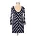 Magnolia Grace Casual Dress - Shift Plunge 3/4 sleeves: Blue Chevron/Herringbone Dresses - Women's Size X-Small