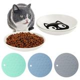 3Pcs Cat Food Bowls with Non-slip Silicone Mats Wide & Shallow Cat Feeding Plates to Prevent Whisker Fatigue Cute Kitten Face Design Cat Food Dishes for Wet & Dry Food Dishwasher Safe