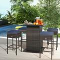 Gymax 5PCS Patio Bar Set Rattan Bar Furniture Set w/ Table & 4 Cushioned Stools Navy