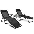 Vicamelia 3pcs Patio Folding Chaise Lounge Chair PVC Tabletop Set Outdoor Portable for Lawn Beach Poolside Black
