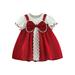 Infant Girls Fake Two-Pieces Dress Lace Patchwork Cute Bowknot Crew Neck Short Puff Sleeve Baby Princess Dress