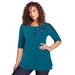 Plus Size Women's Three-Quarter Sleeve Embellished Tunic by Roaman's in Teal Embroidered Vines (Size 12) Long Shirt