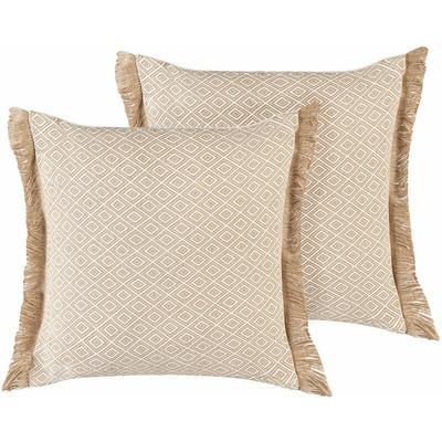 Dekokissen Beige Sandbeige 45x45cm 2er Set Polsterbezug mit Füllung Fransenkissen geometrisches