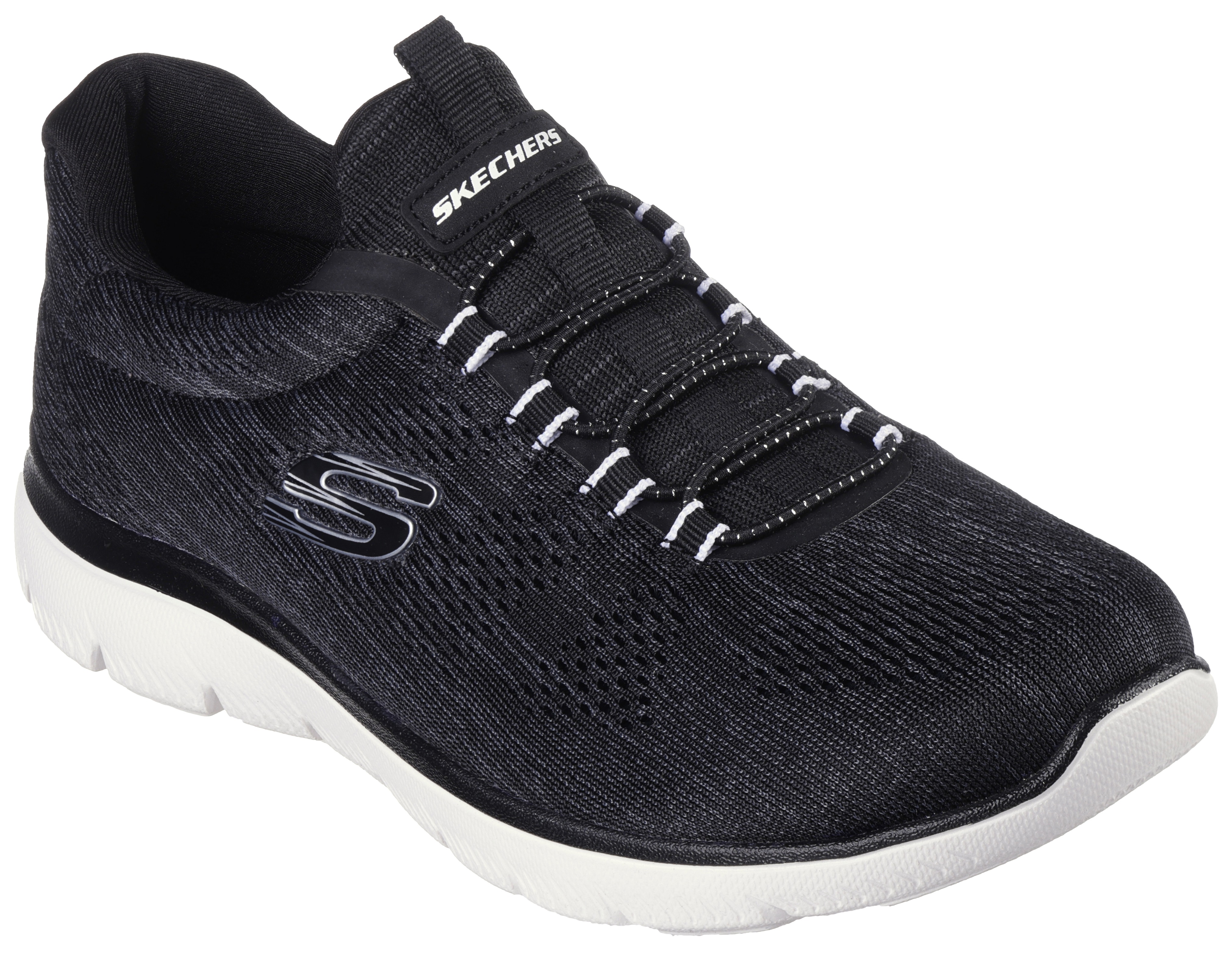 Slip-On Sneaker SKECHERS "SUMMITS-FUN FLARE", Damen, Gr. 37, schwarz-weiß (schwarz, weiß), Synthetik, Textil, meliert, Schuhe, Trainingsschuh in veganer Verarbeitung