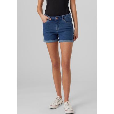 Jeansshorts VERO MODA "VMLUNA MR FOLD SHORTS MIX GA NOOS", Damen, Gr. XS (34), N-Gr, blau (medium blau denim), Denim/Jeans, Obermaterial: 72% Baumwolle, 26% Polyester, 2% Elasthan, unifarben, modisch, slim fit kurz, Jeans, mit Umschlagsaum Image