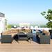 Outdoor Patio Rattan Dining Wicker Sectional Sofa Set with Plywood Table Top, Thick Cushions, Pillows