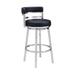 Eva 30 Inch Padded Swivel Bar Stool Chair, Steel Finish, Black Faux Leather