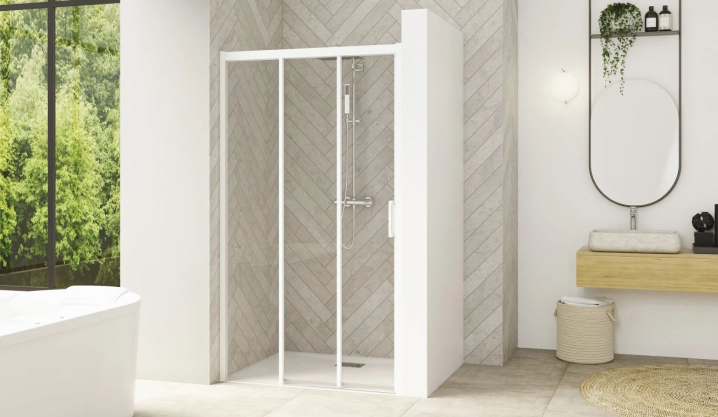 Paroi de douche SMART DESIGN 3V avec 3 volets 2 coulissants 120 cm profilé blanc verre transparent droite KINEDO PA90266BTNED