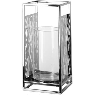 Windlicht FINK "Kerzenhalter NICOSA", silber (silberfarben), B:19cm H:40cm T:19cm, Edelstahl, Glas, Kerzenhalter, aus Edelstahl und Glas, mit ausgestanzten Cut-Outs Image