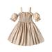 Frobukio Kids Little Girls Summer Dress Casual Sling Dress Short Sleeve Off Shoulder Pleated Dress Princess Dress