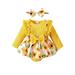 Peyakidsaa Newborn Baby Girl Clothes Long Sleeve Flower Print Lace Trim Suspender Dress Romper + Hairband