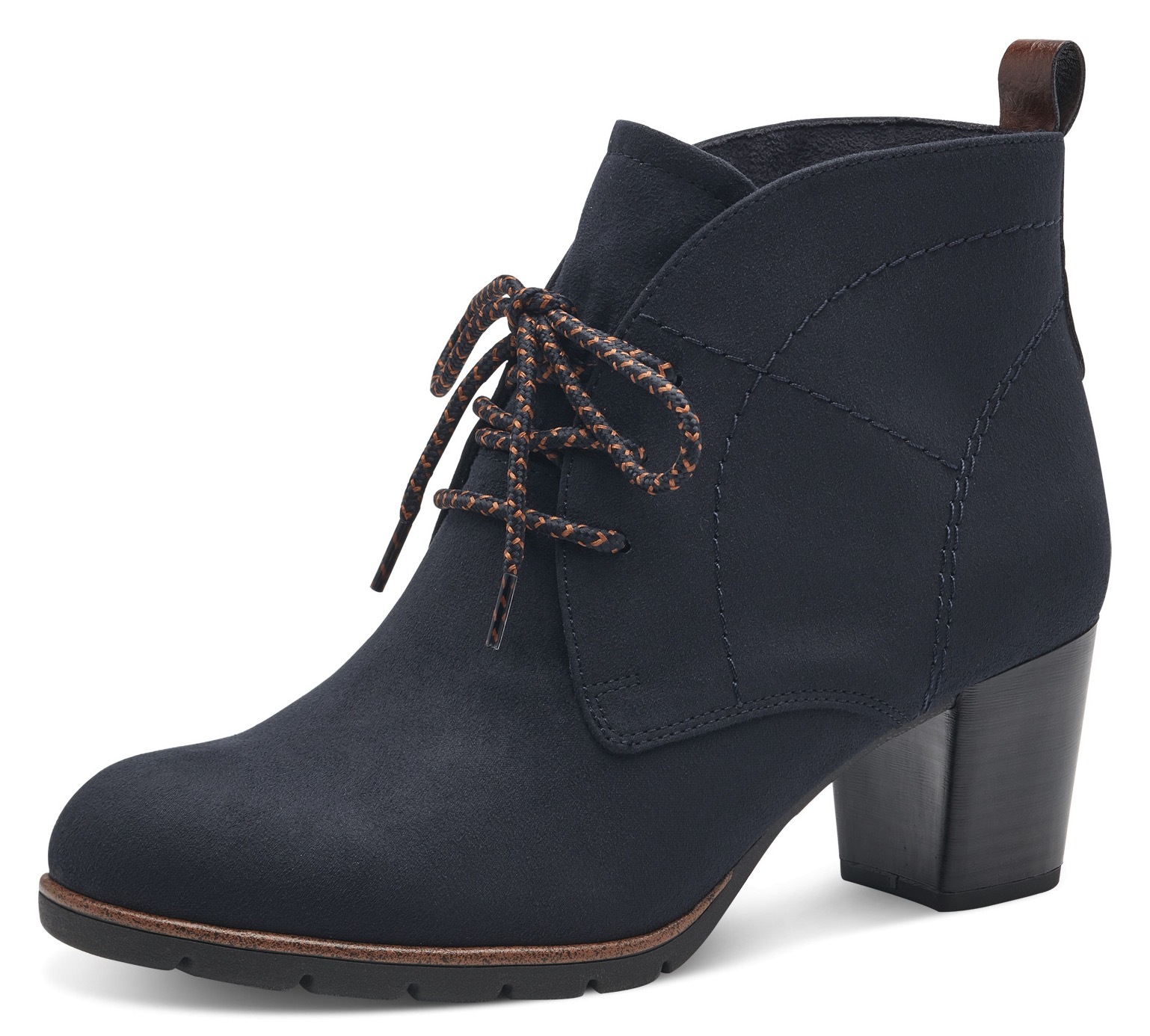 Schnürstiefelette MARCO TOZZI, Damen, Gr. 39, blau (dunkelblau kombiniert), Lederimitat, Textil, Veloursleder, unifarben, Schuhe, Blockabsatz, Ankleboots, Schnürboots mit Ziernähten, Topseller