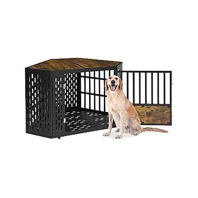 SMONTER Wooden Corner Crate Furniture Style Dog Kennel, Large