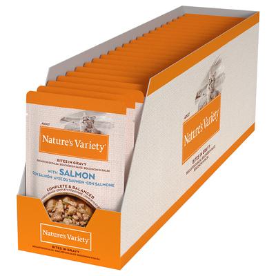 44x 85g Nature's Variety Bites in Soße mit Lachs Katzenfutter nass