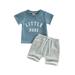 Licupiee Toddler Baby Boy Summer Clothes Short Set Short Sleeve Letter Print Stripes T-Shirt Elastic Waist Shorts Outfit