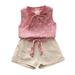 ZHAGHMIN Floral Print Lace Up Bow V-Neck Tank Tops for Baby Girls + Solid Color Linen Casual Pocket Shorts Summer Cute T-Shirts Toddler Pink Size120