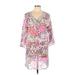 Debbie Katz Casual Dress - Shift V Neck 3/4 sleeves: Pink Floral Dresses - Women's Size Large