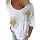 Women Round-neck Sunflower Printed 3/4 Sleeve Casual Fashion T-Shirt, White / L
