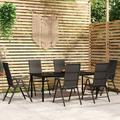 Dcenta Set of 7 Outdoor Dining Set Glass Tabletop Table and Backrest Adjustable 6 Garden Chairs Black PE Rattan Dinner Set for Balcony Yard Deck Lawn Patio