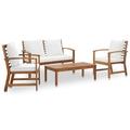 Dcenta 4 Piece Garden Conversation Set Cream White Cushioned Bench with Chair and Coffee Table Acacia Wood Sectional Outdoor Furniture Set for Patio Backyard Balcony Outdoor Furniture